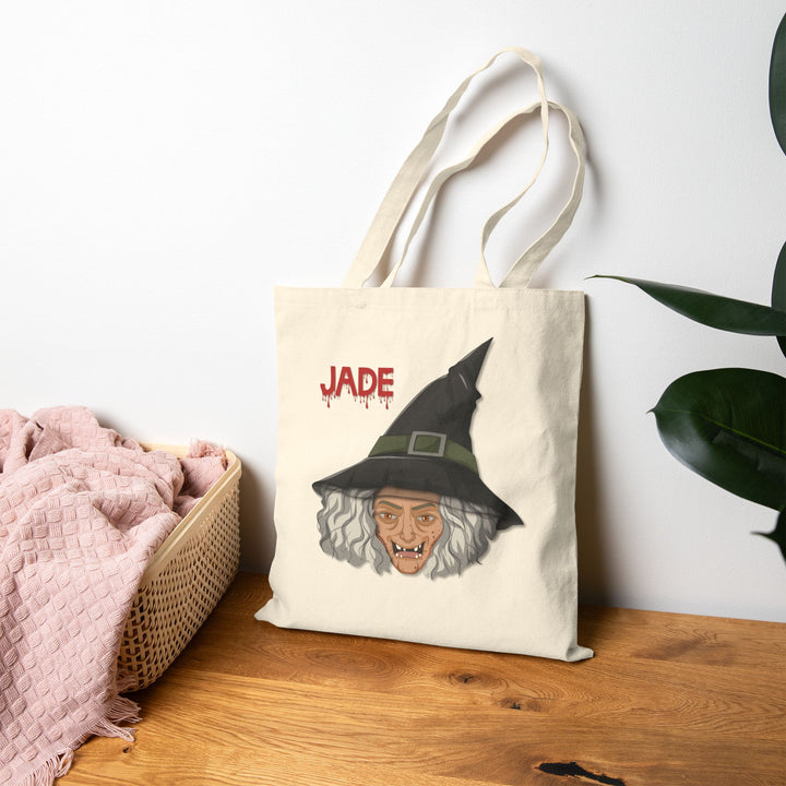 "Happy Halloween" Acrostic Poem Canvas Candy Tote Bag - Old Witch - Personalized