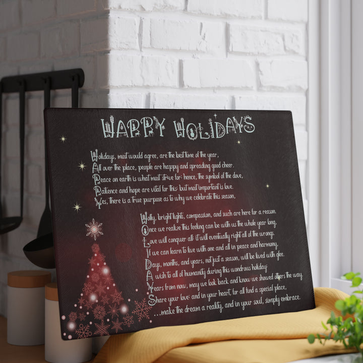 Happy Holidays Acrostic Poem Glass Cutting Board - Burgandy