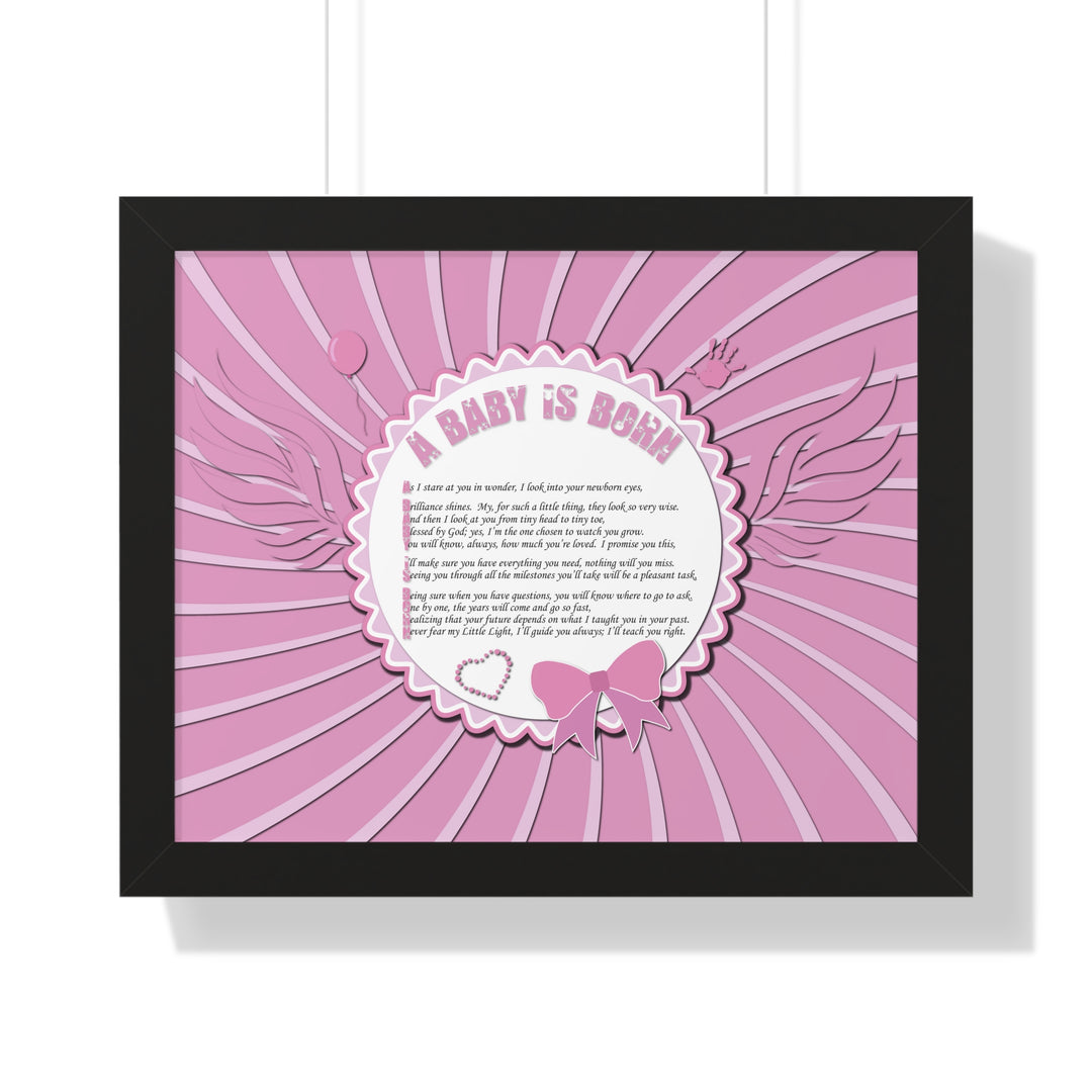 Baby Steps Acrostic Poem Framed Print "A Baby is Born" - Pink