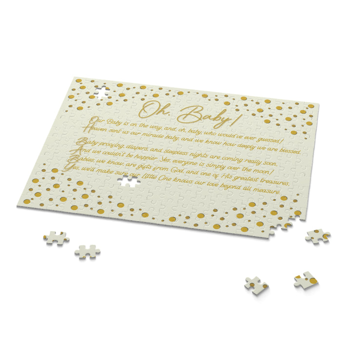 Baby shower puzzle with gold polka dots and text on a white background