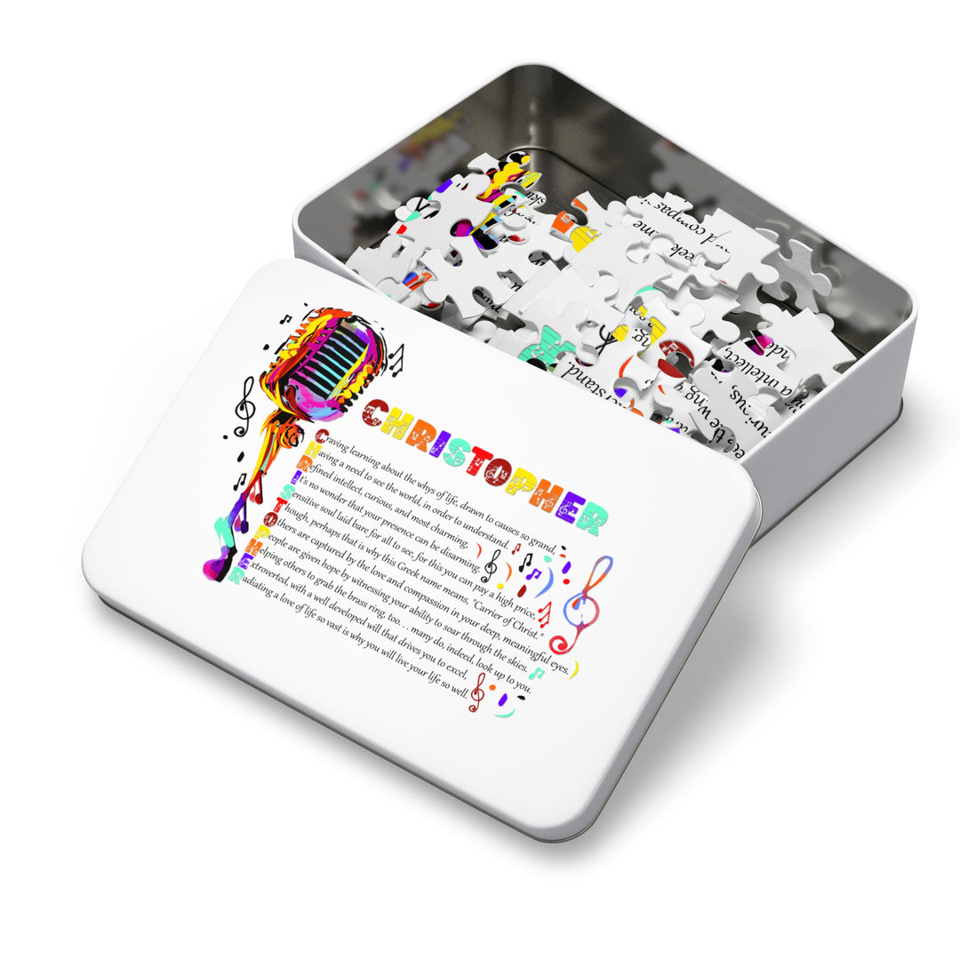 Namesakes Acrostic Name Poem Jigsaw Puzzle - Musical Notes and Mic - Tin Box