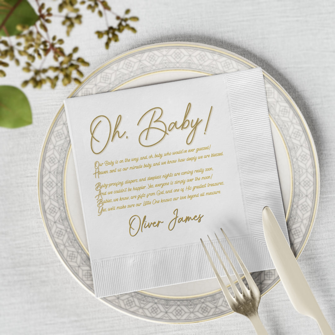 "Oh, Baby!" White Coined Napkins Baby Shower Napkins - Personalized