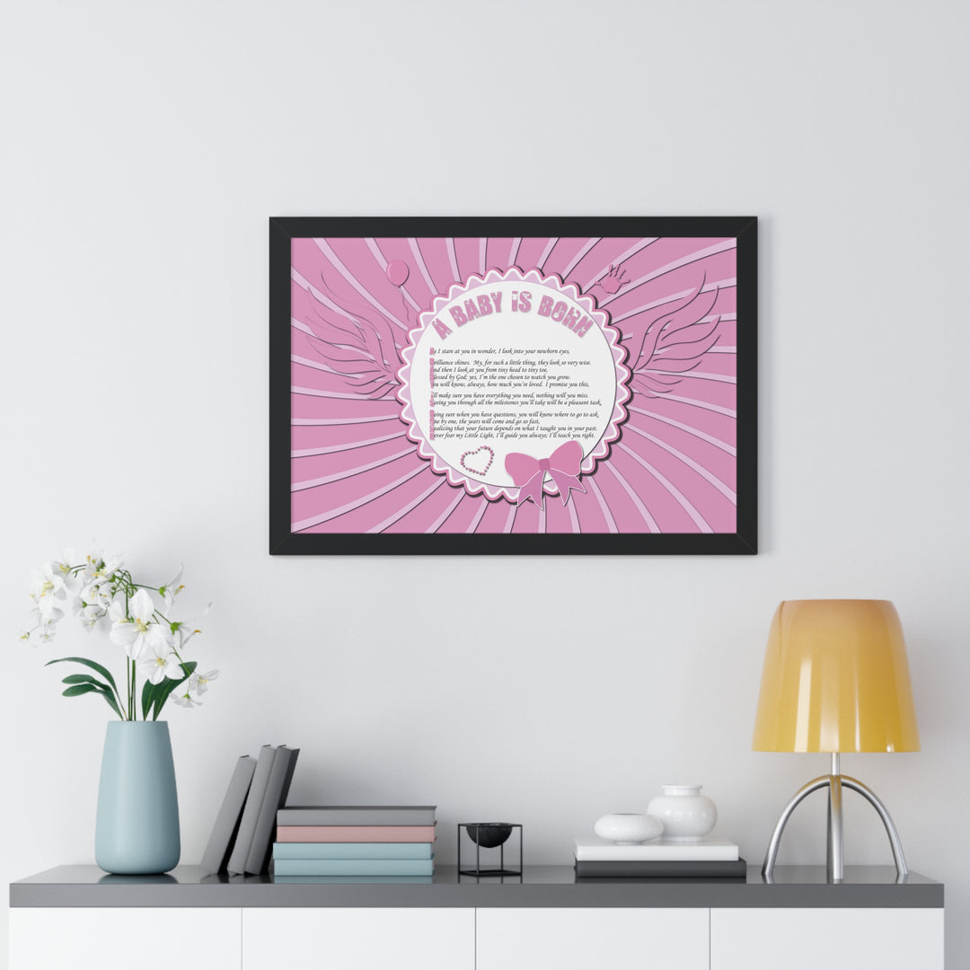 Baby Steps Acrostic Poem Framed Print "A Baby is Born" - Pink