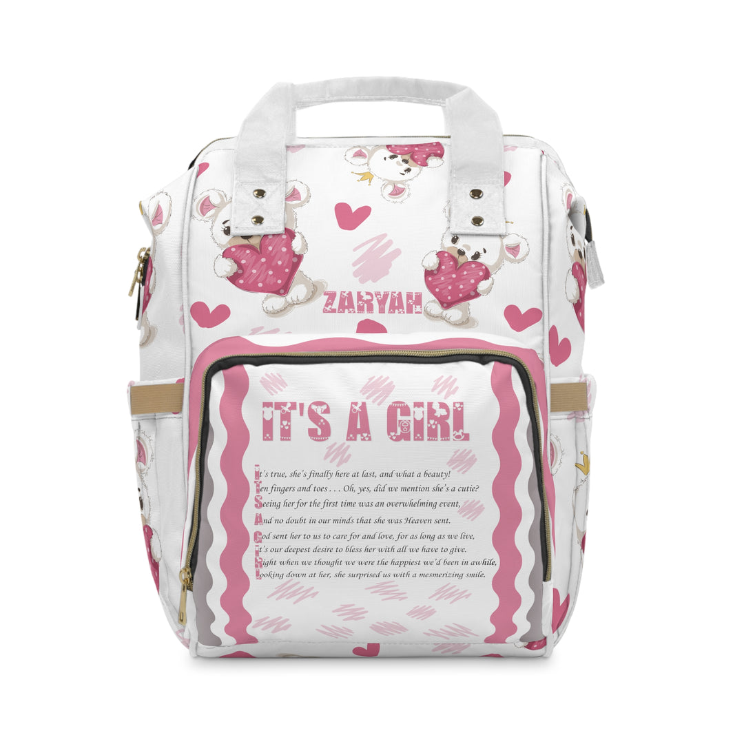 Baby Steps Multifunctional Diaper Backpack - "It's a Girl" -Teddy Bear and Hearts- Personalized