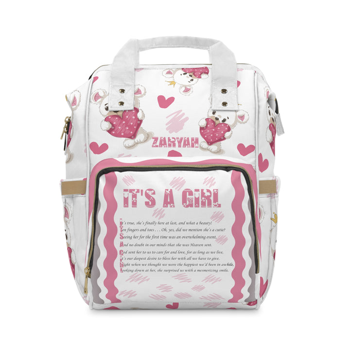 Baby Steps Multifunctional Diaper Backpack - "It's a Girl" -Teddy Bear and Hearts- Personalized