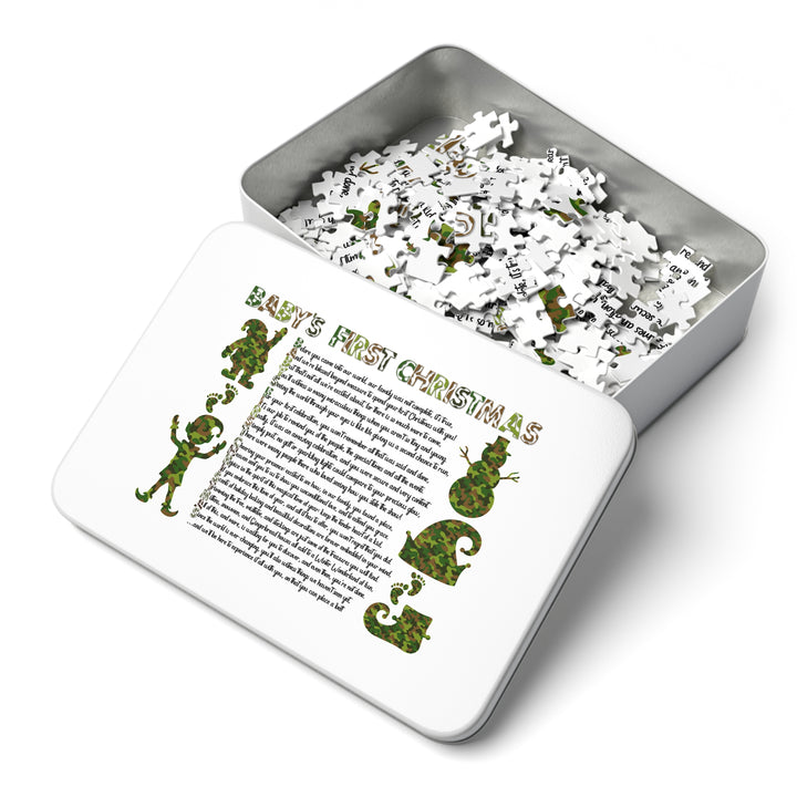 Baby's First Christmas Acrostic Poem Jigsaw Puzzle - Camo - Tin Box