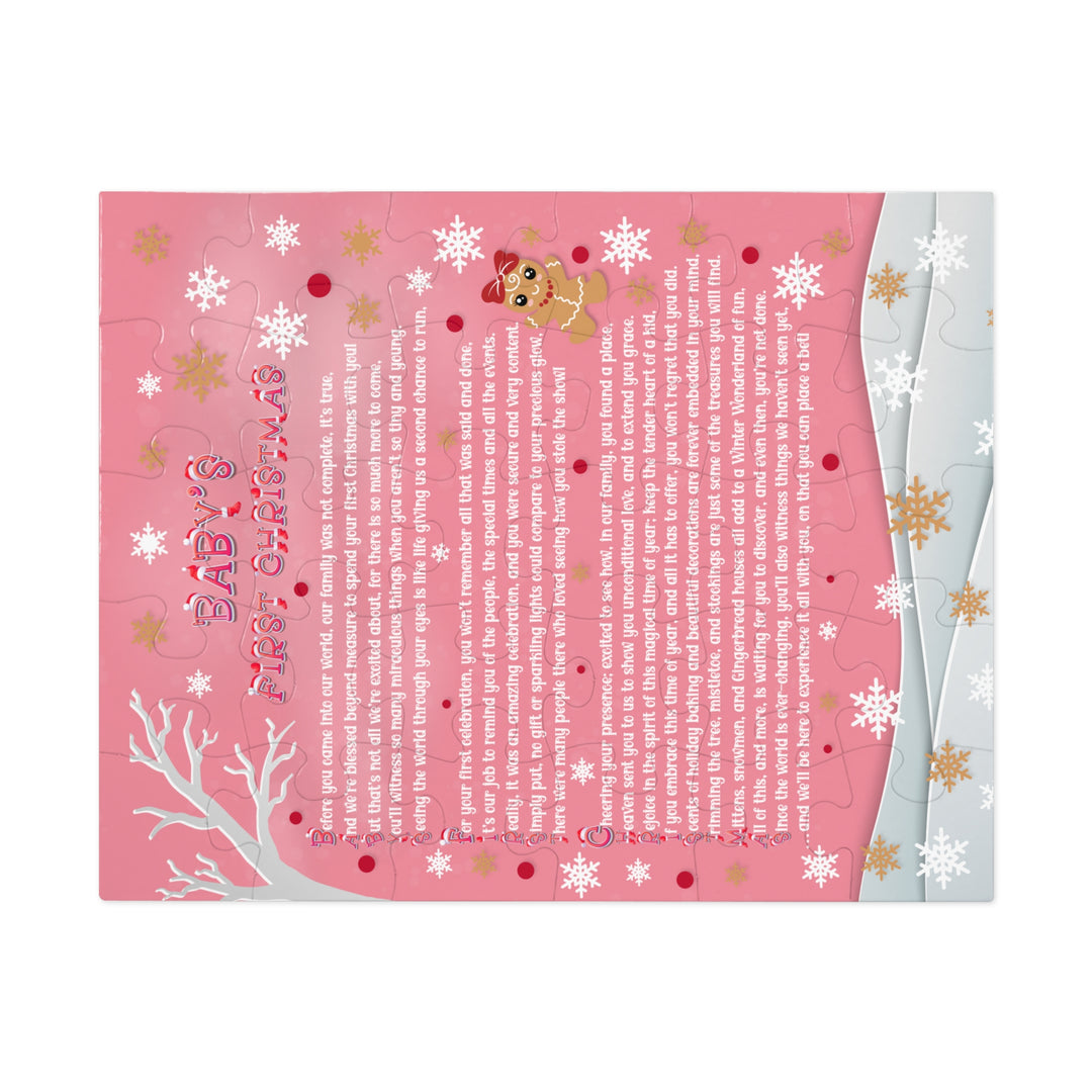 Baby's First Christmas Acrostic Poem Jigsaw Puzzle - Gingerbread - Pink - Tin Box