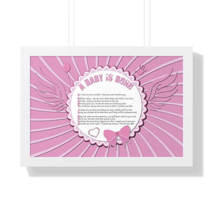 Baby Steps Acrostic Poem Framed Print "A Baby is Born" - Pink