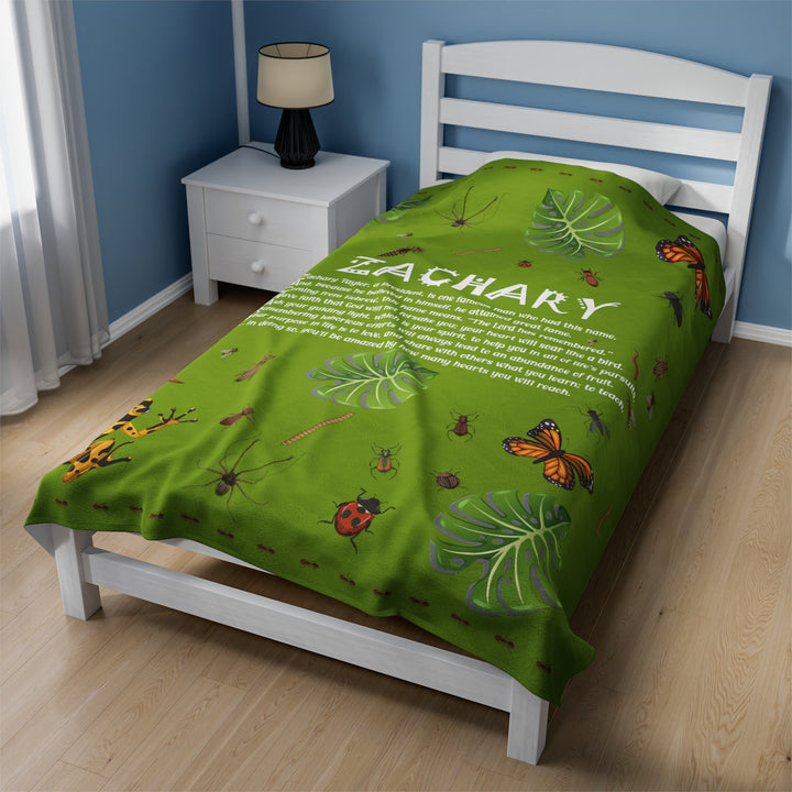Namesakes Acrostic Poem on Black Velveteen Plush Blanket with Bug Design