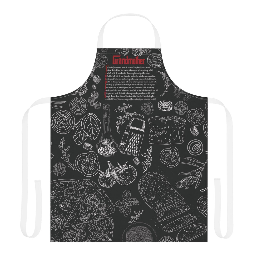 Black apron with white illustrations and text on a white background