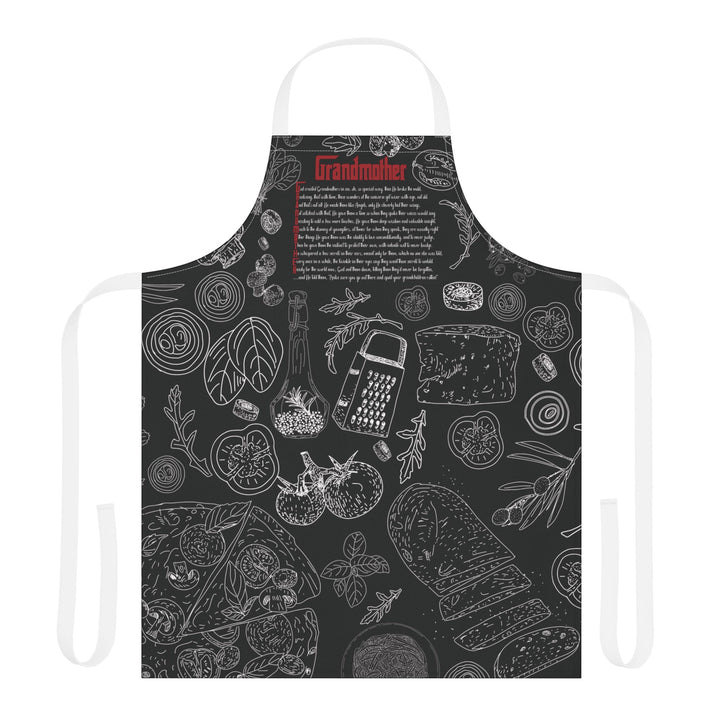Black apron with white illustrations and text on a white background