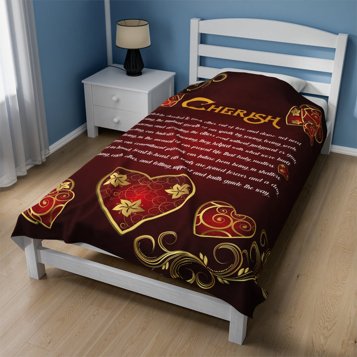 It's Just a Phrase Velveteen Plush Blanket with Acrostic Poem "Cherish" - Hearts and Gold Decor