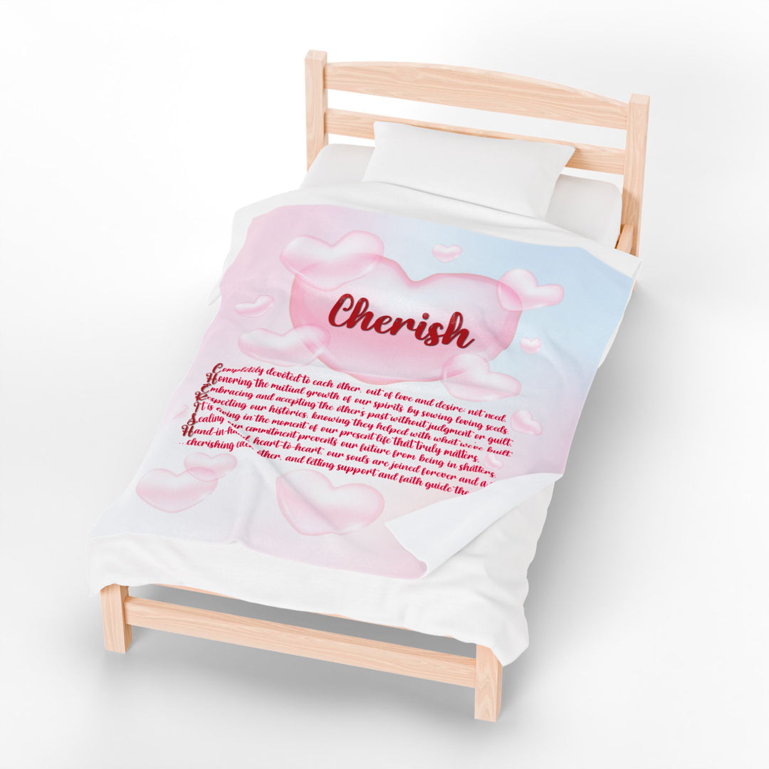 Cherish Acrostic Poem Velveteen Plush Blanket - Hearts-Clouds
