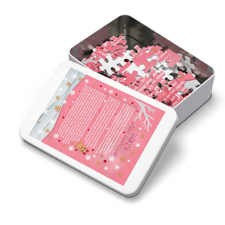 Baby's First Christmas Acrostic Poem Jigsaw Puzzle - Gingerbread - Pink - Tin Box