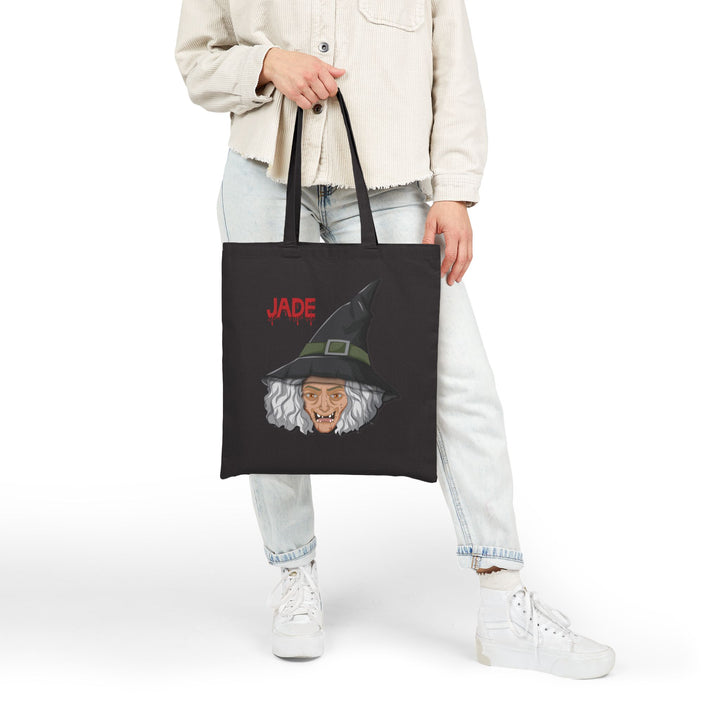 "Happy Halloween" Acrostic Poem Canvas Candy Tote Bag - Old Witch - Personalized