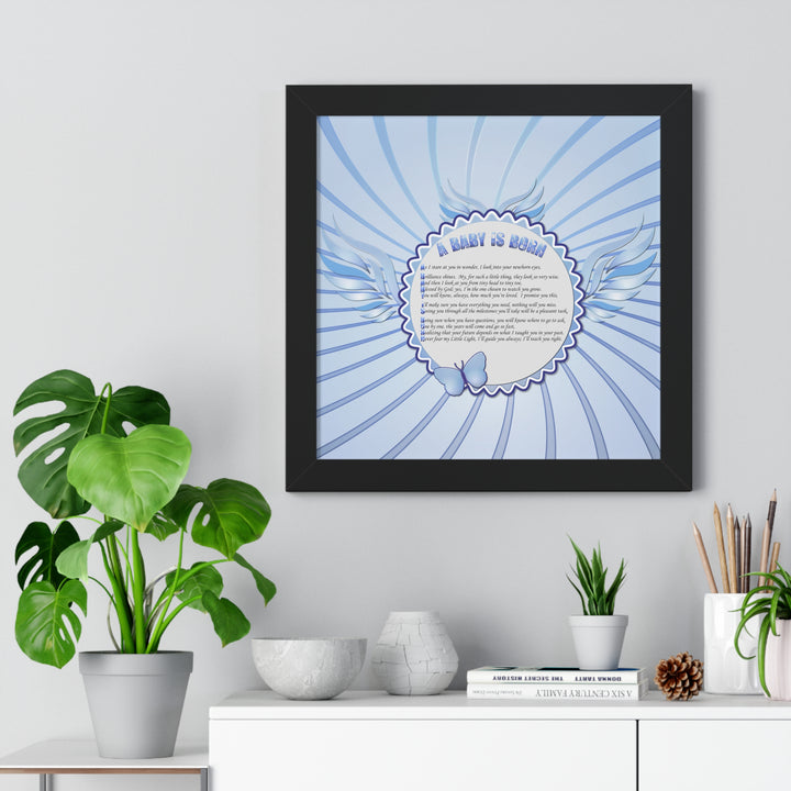 Baby Steps Acrostic Poem Framed Print "A Baby is Born "- Blue