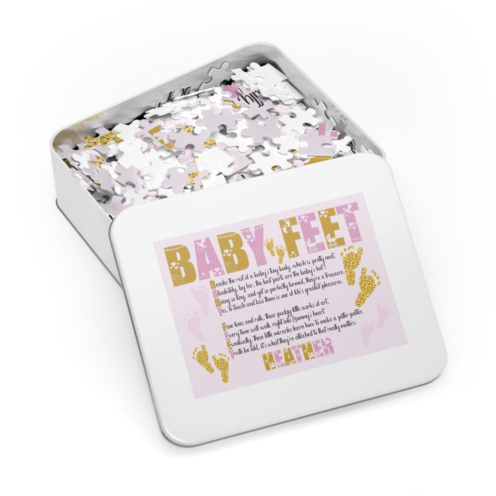Baby Feet Acrostic Poem Puzzle - Pink and Gold - Tin Box - Personalized