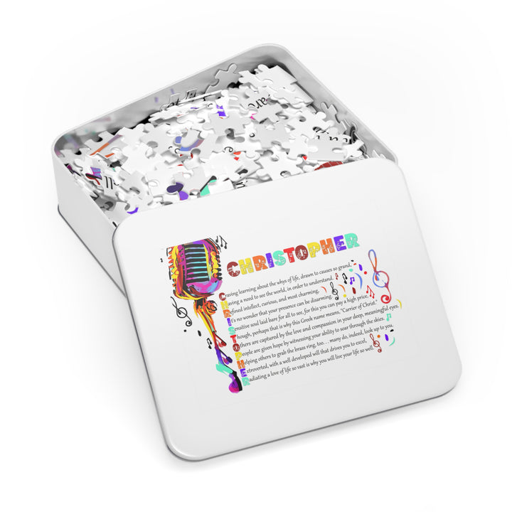 Namesakes Acrostic Name Poem Jigsaw Puzzle - Musical Notes and Mic - Tin Box
