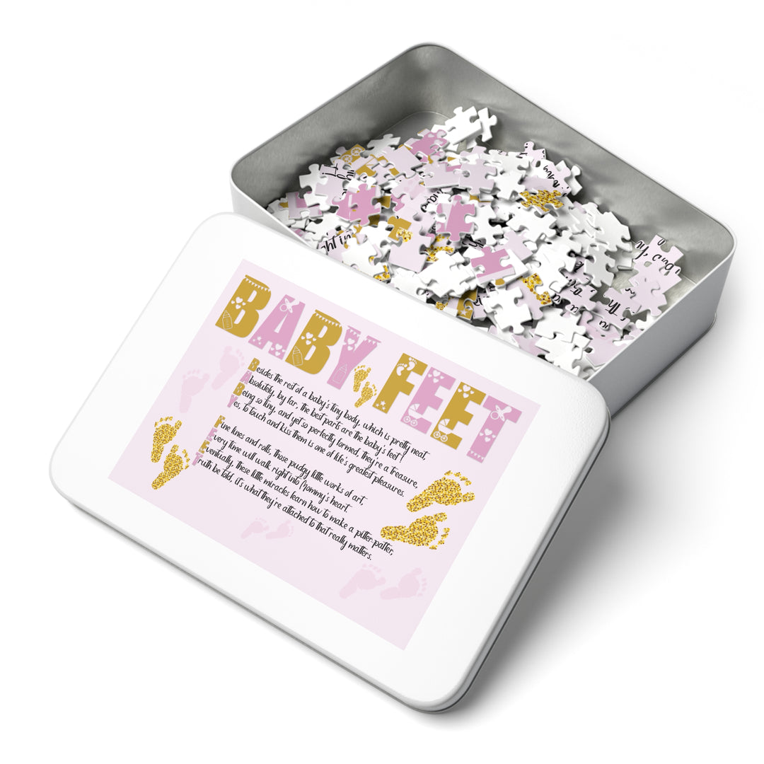 Baby Feet Acrostic Poem Puzzle - Pink and Gold - Tin Box - No Personalization