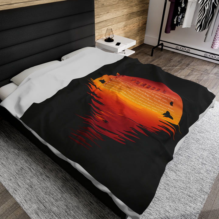 Namesakes Acrostic Poem on Black Velveteen Plush Blanket with Sunset Reflection