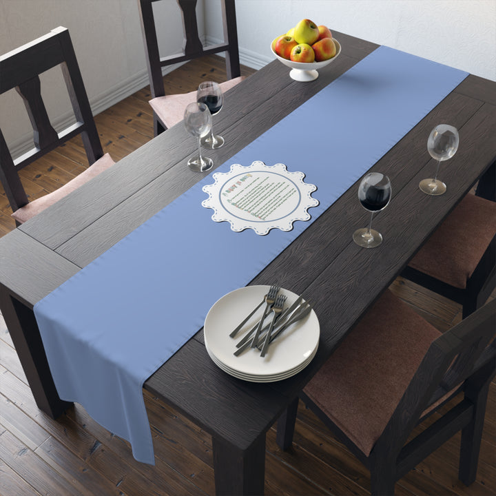 “A Baby is Born” Table Runner - Baby Items Font - Blue - No Personalization
