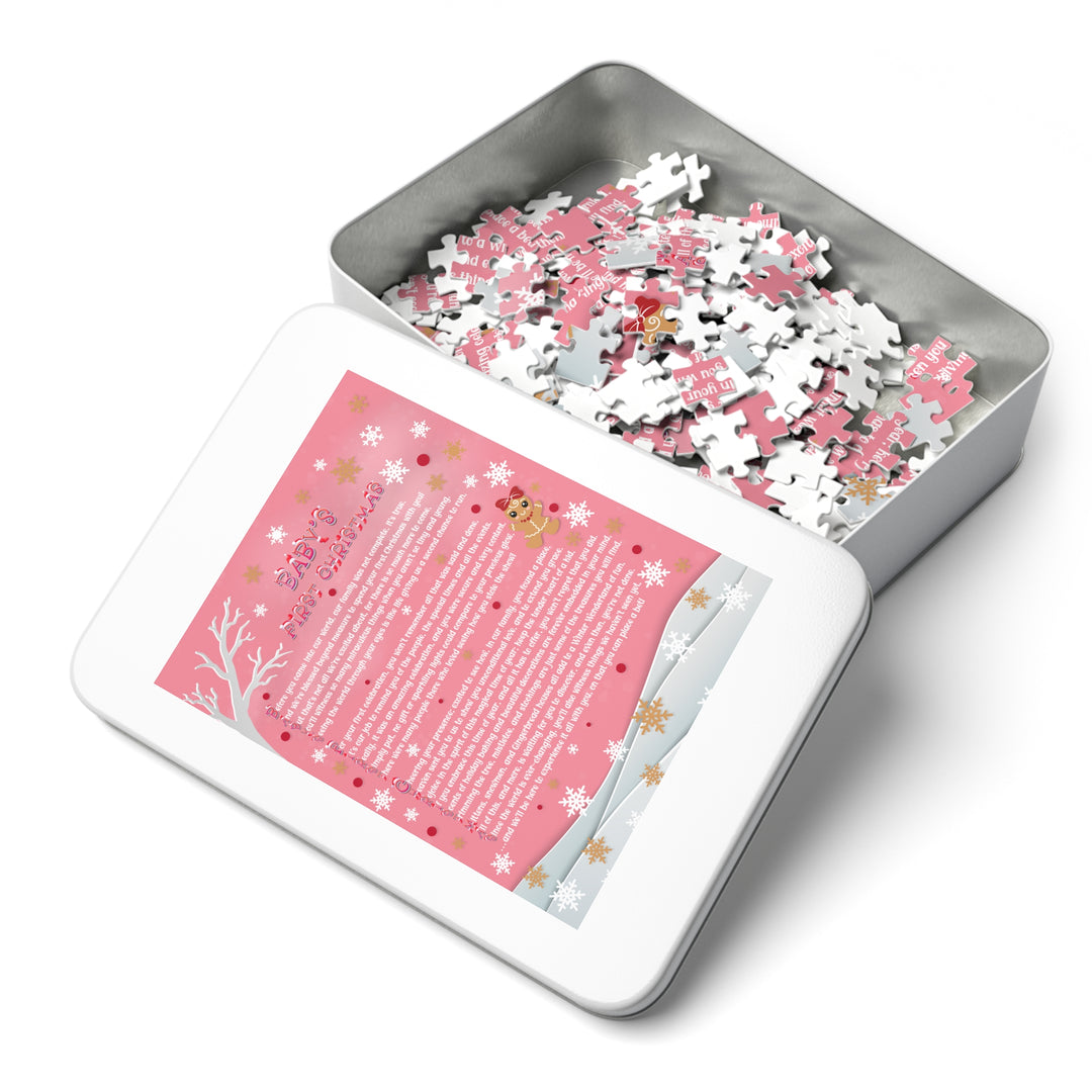 Baby's First Christmas Acrostic Poem Jigsaw Puzzle - Gingerbread - Pink - Tin Box