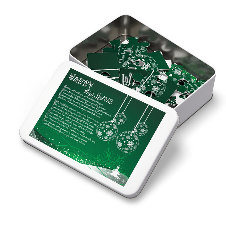 Happy Holidays Acrostic Poem Puzzle - Ornaments-Green - Tin Box
