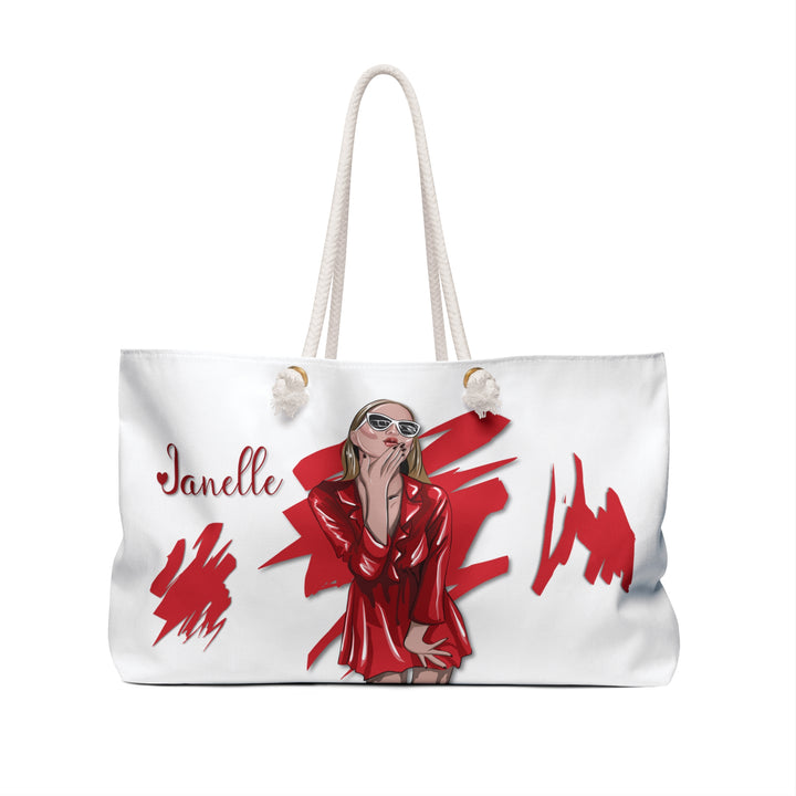 White and Red Weekender Tote Bag with Acrostic Poem Spelling Out "Forever Friends"