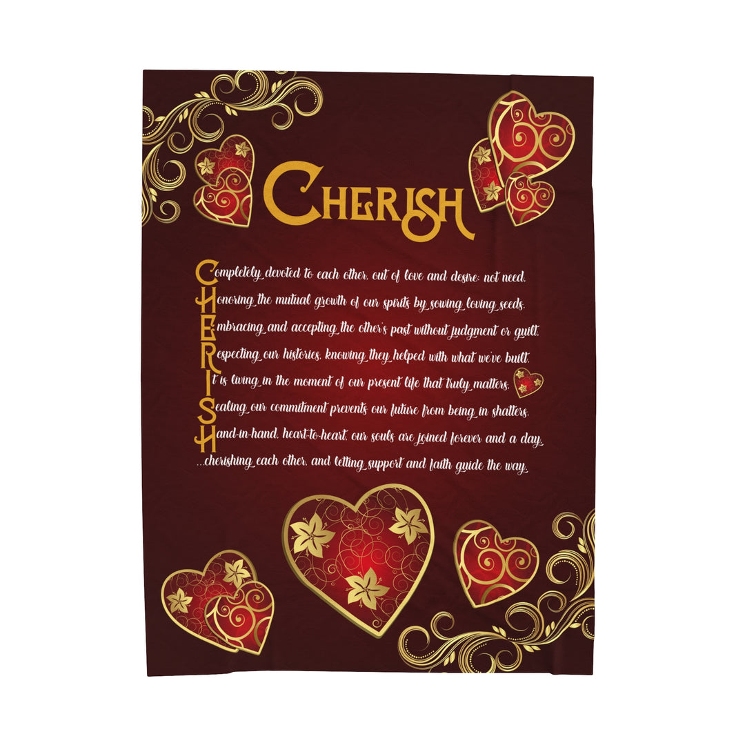It's Just a Phrase Velveteen Plush Blanket with Acrostic Poem "Cherish" - Hearts and Gold Decor