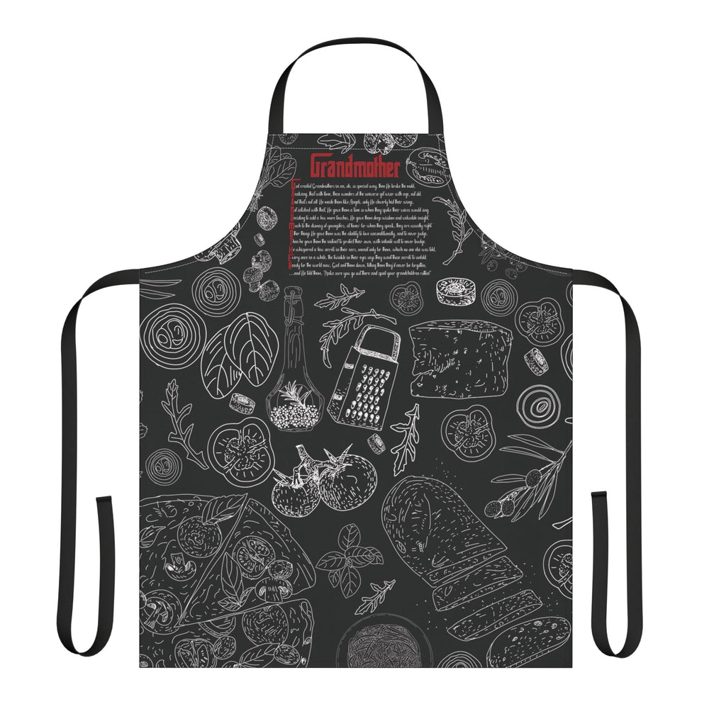 Black apron with white food illustrations on a white background