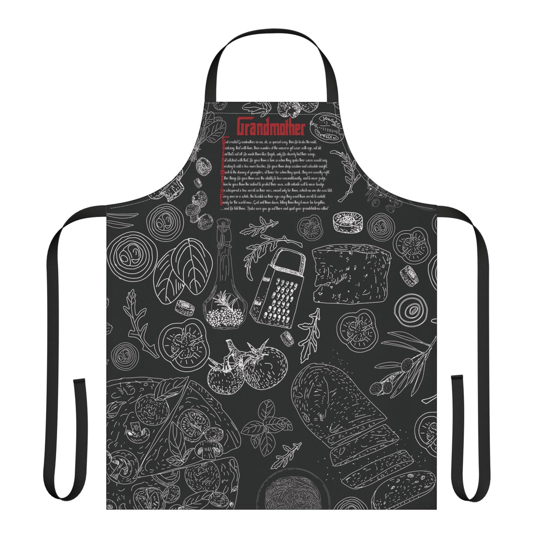 Black apron with white food illustrations on a white background