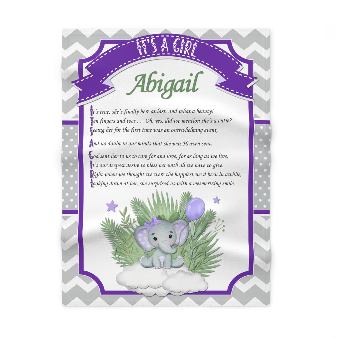 It's a Girl Acrostic Poem Baby Blanket - Purple Elephant - Pesonalized