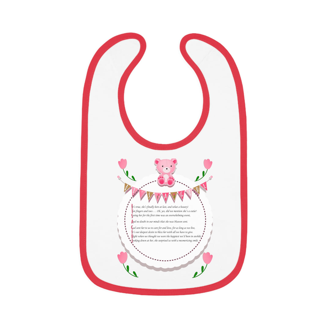 "It's a Girl" Acrostic Poem Contrast Trim Jersey Bib - Teddy Bear and Roses