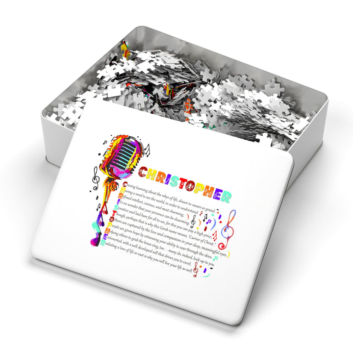 Namesakes Acrostic Name Poem Jigsaw Puzzle - Musical Notes and Mic - Tin Box