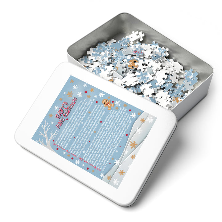Baby's First Christmas Acrostic Poem Puzzle - Gingerbread - Blue - Tin Box