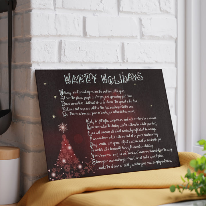 Happy Holidays Acrostic Poem Glass Cutting Board - Burgandy