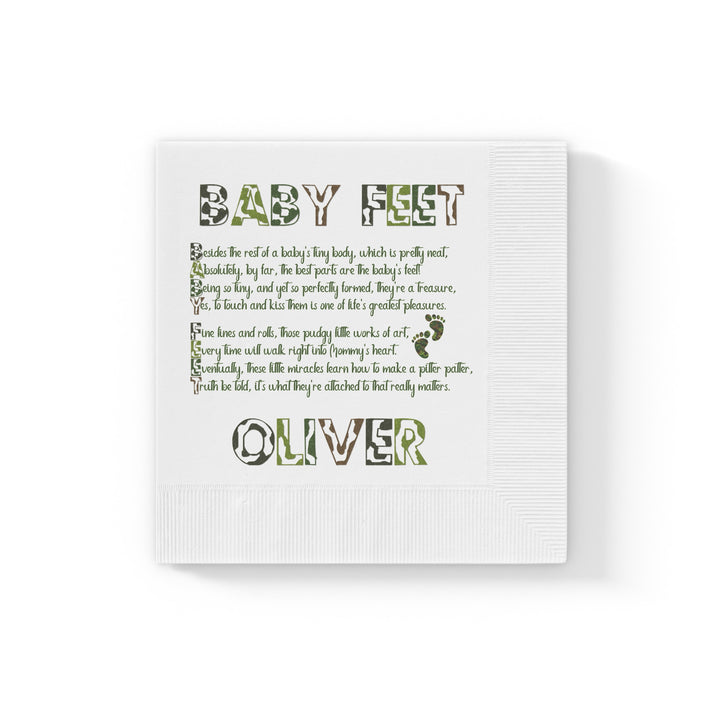 “Baby Feet" White Coined Napkins - Camo - Personalized