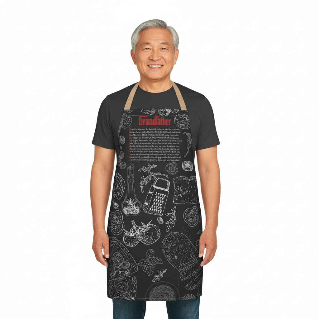 Man wearing a black apron with white graphics and text on a white background
