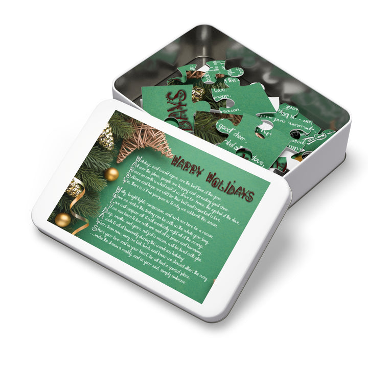 Happy Holidays Acrostic Poem Puzzle - Green Boho - Tin Box