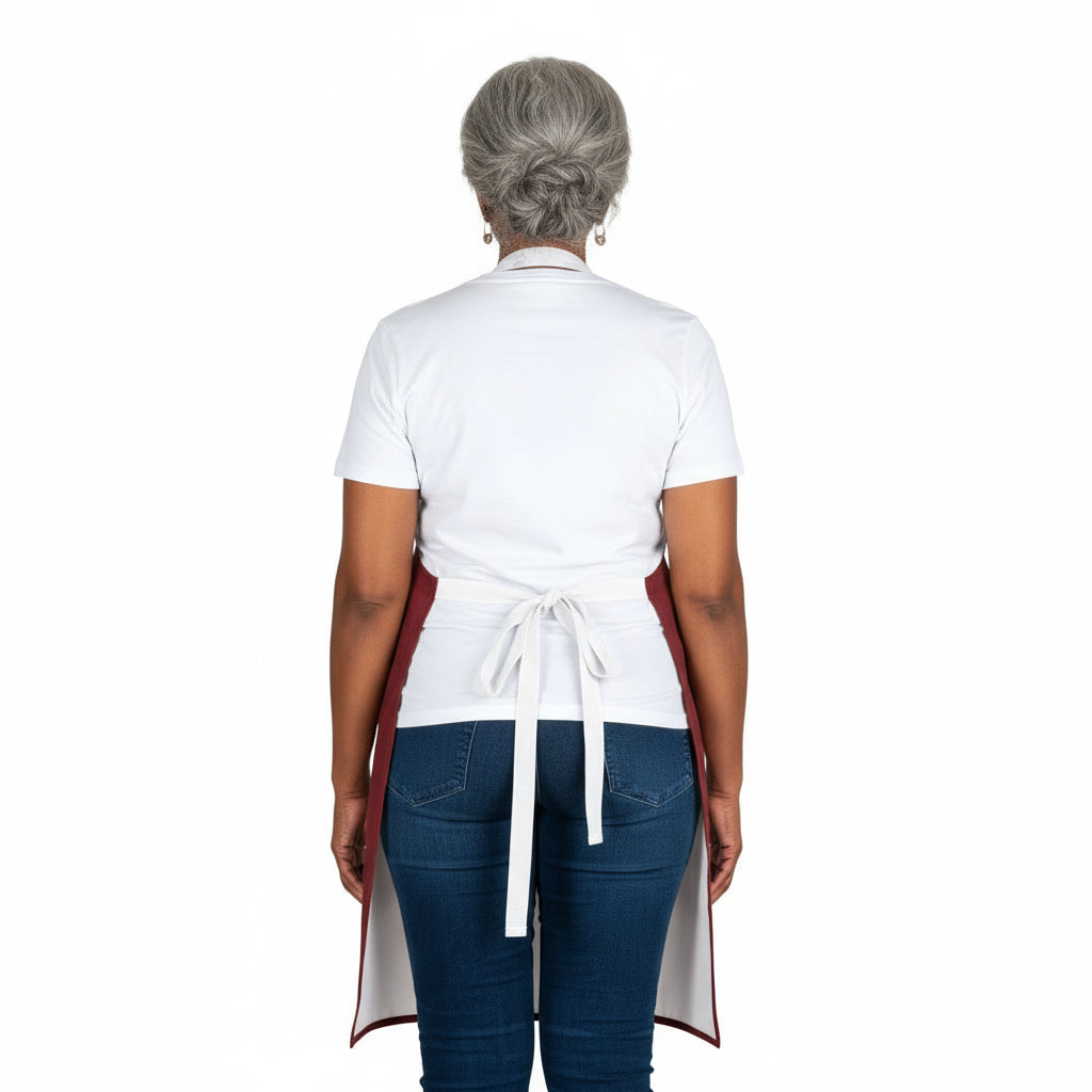 Person wearing a white apron over a white shirt on a white background