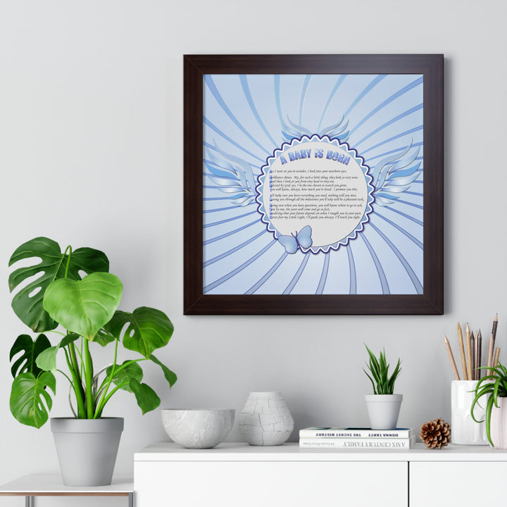 Baby Steps Acrostic Poem Framed Print "A Baby is Born "- Blue