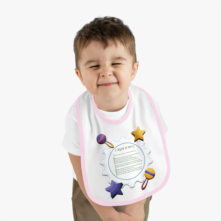 Baby Steps Acrostic Poem - Contrast Trim Jersey Bib - "A Baby is Born" - Rattles and Stars