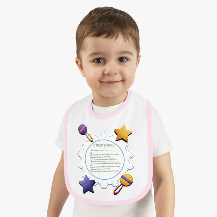 Baby Steps Acrostic Poem - Contrast Trim Jersey Bib - "A Baby is Born" - Rattles and Stars
