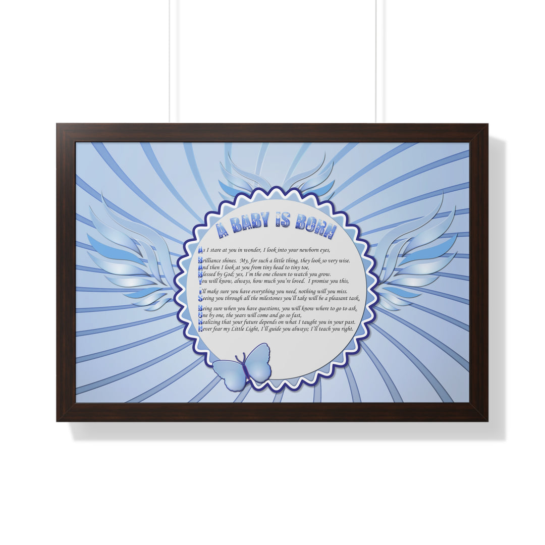 Baby Steps Acrostic Poem Framed Print "A Baby is Born "- Blue
