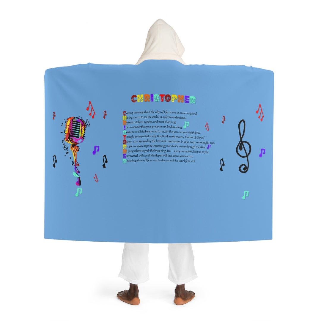 Namesakes Hooded Sherpa Fleece Blanket - Mic and Musical Notes - Blue Background