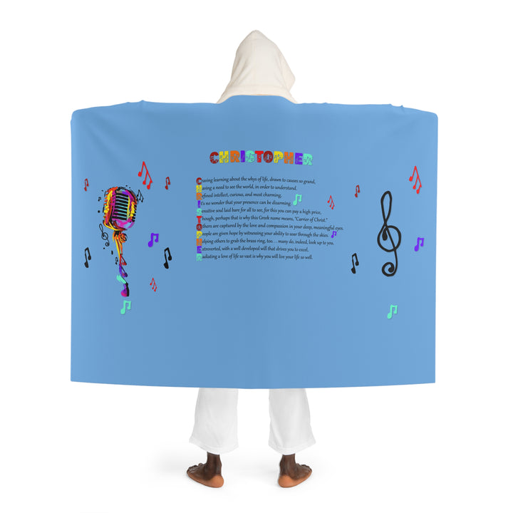 Namesakes Hooded Sherpa Fleece Blanket - Mic and Musical Notes - Blue Background