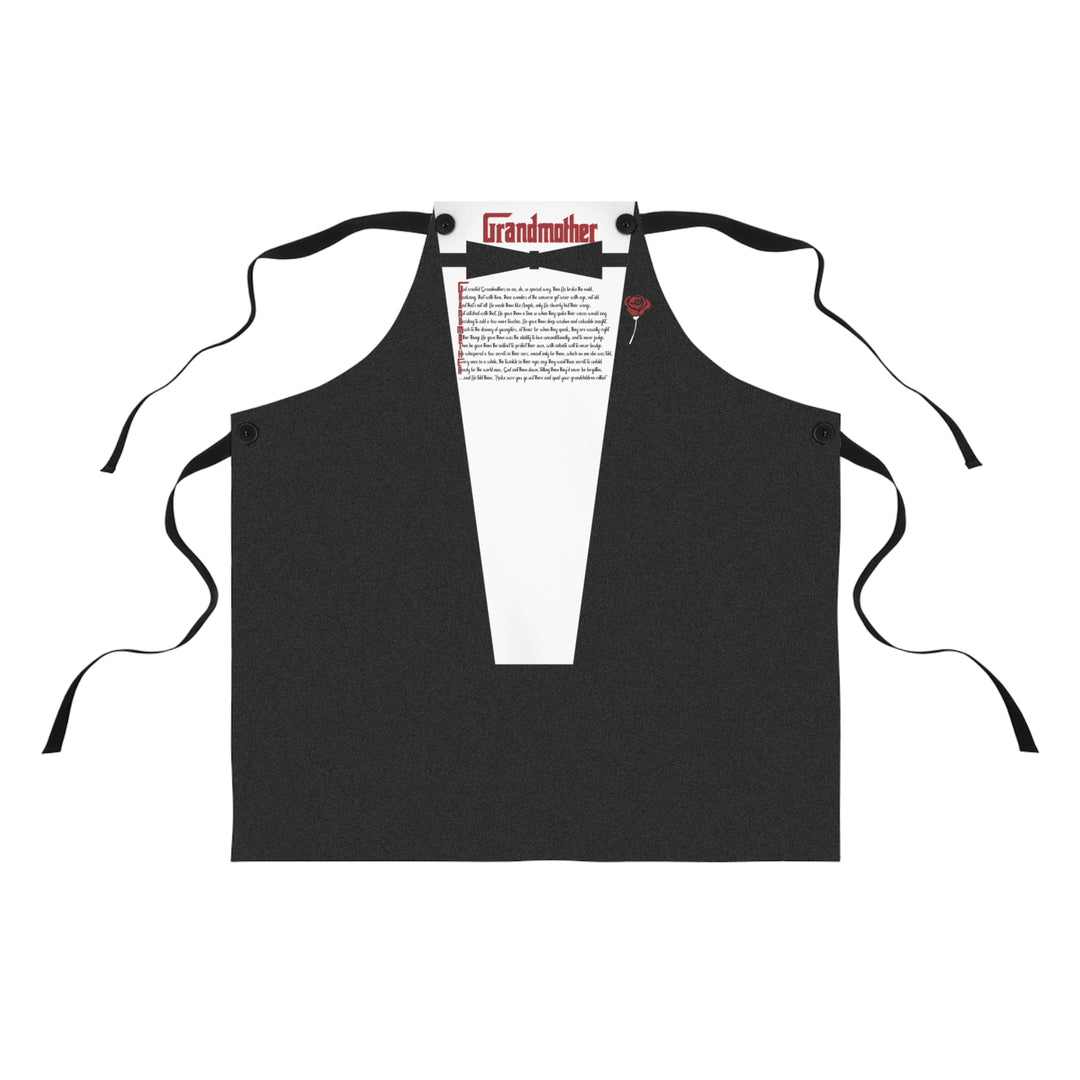 Black apron with a white shirt and text on a white background