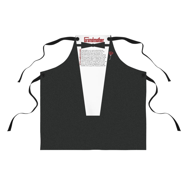 Black apron with a white shirt and text on a white background