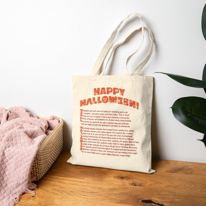 Happy Halloween Acrostic Poem Canvas Candy Tote Bag - Creepy Pink Pumpkin - No Personalization