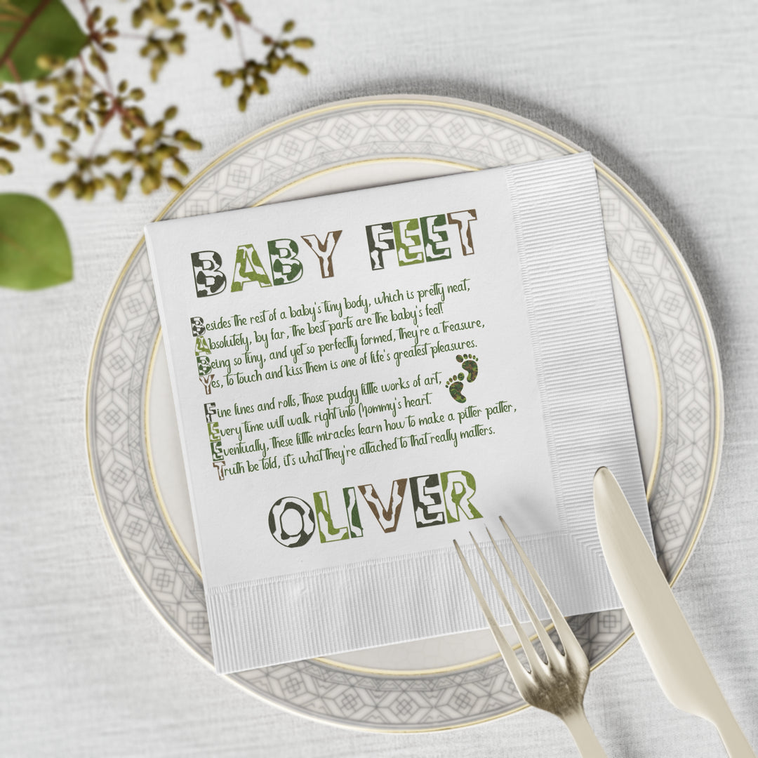 “Baby Feet" White Coined Napkins - Camo - Personalized